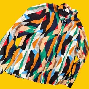 Easy Clothes Button Down Shirt Women M Multicolor Geometric Abstract Retro Top